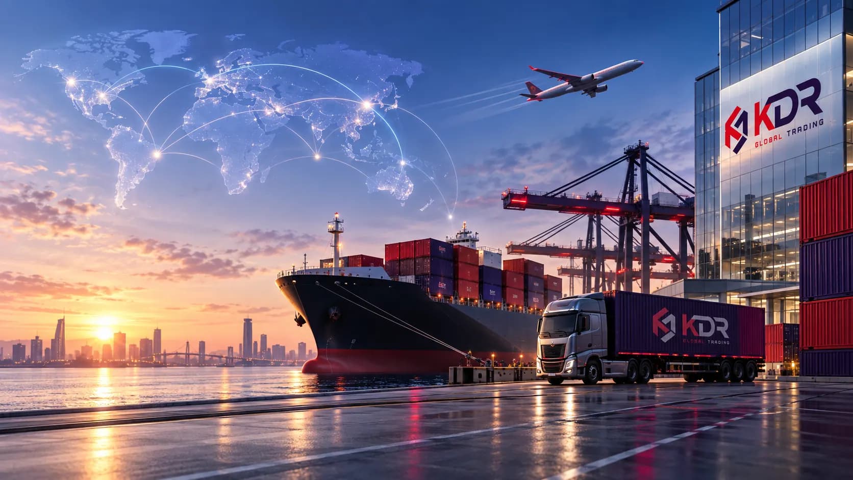 International port with shipping routes representing global trade