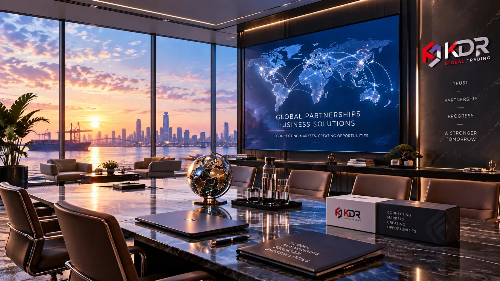 Boardroom overlooking a port, representing long-term business partnerships